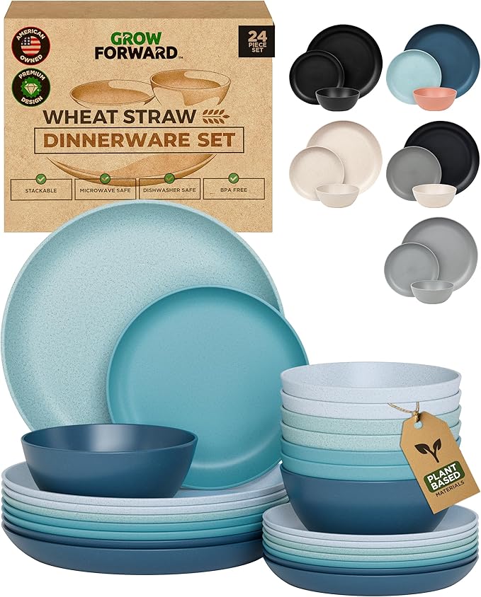 Grow Forward 24-piece Premium Wheat Straw Dinnerware Sets for 8 - Unbreakable Dishwasher & Microwave Safe Plastic Plates and Bowls Sets - Patio, Outdoors, RV, Camping Dishes - Seascape