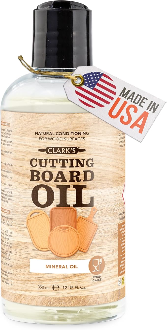 CLARK'S Food Grade Mineral Oil 12 oz, Butcher Block Conditioner - Unscented | Mineral Oil for Wood Cutting Boards, Butcher Blocks, Utensils, Lubricant for Knives. Soak for 2-3 Hours for Optimal Finish