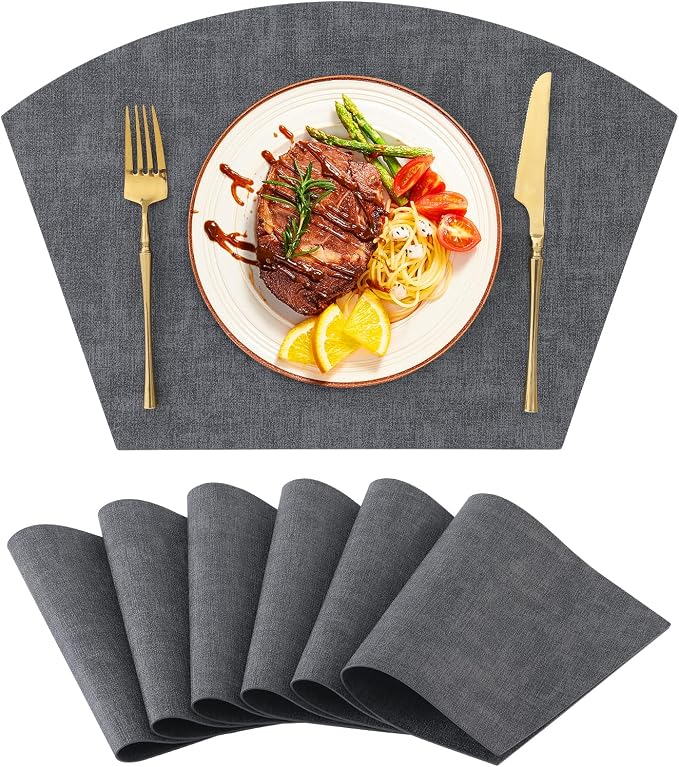 Homaxy Wedge Faux Leather Placemats for Round Table, Set of 6, Dark Grey | Waterproof Wipeable Washable Table Mats, Easy to Clean Anti-Slip Place Mats, 11.8" x 17"