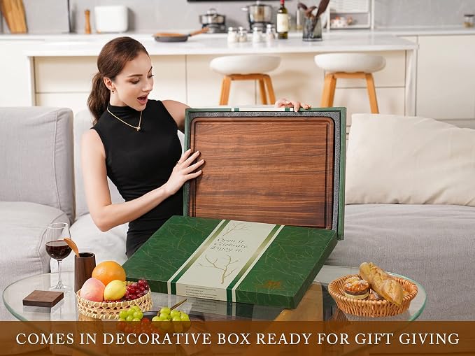 XL Large Solid Walnut Wood Cutting Board for Kitchen 20x15 in | Juice Groove Handles, Non-slip Mats,Thick Reversible Butcher Block, Chopping Board Cheese Charcuterie Board
