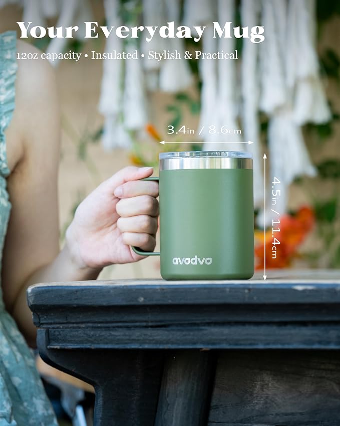 12oz Insulated Coffee Mug with Lid – Includes Two Lids, Stainless Steel Coffee Travel Mug with Handle, Double Wall Vacuum Insulated Camping Mug for Home, Office & Outdoor, Army Green