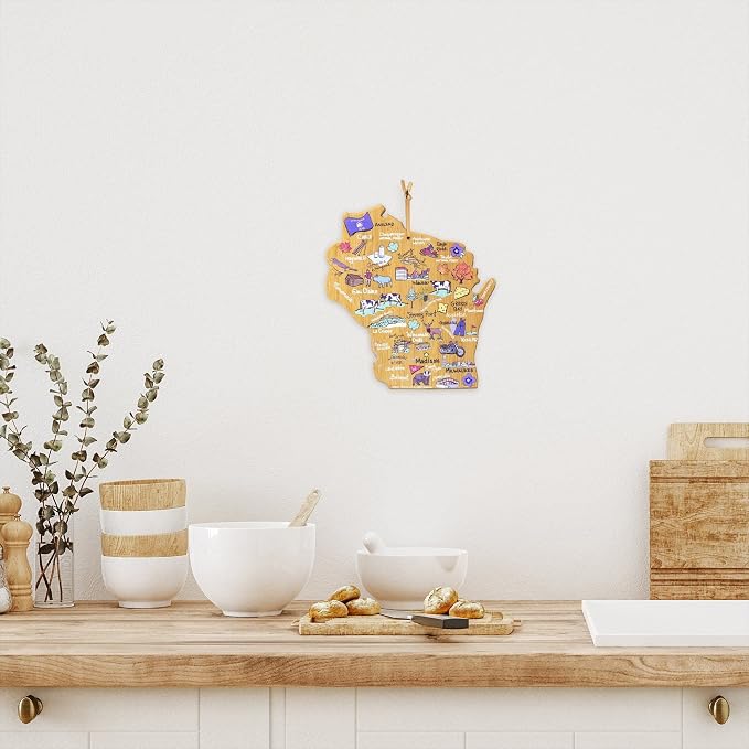 Totally Bamboo Wisconsin State Shaped Cutting Board, Art by Fish Kiss | State charcuterie board with colorful hand-drawn map artwork. Smooth reverse side for food prep. Hang tie for wall display.