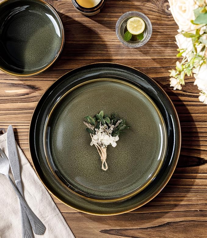 Ceramic Dinnerware Set for 8, 24-Piece Plates and Bowls Set | Handmade Reactive Glaze Dish Set, Scratch Resistant, Oven & Microwave & Dishwasher Safe, Olive Green