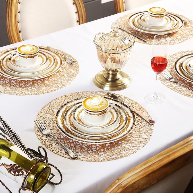 Sieral 60 Packs Round Placemats 15 Inch Hollow Out Pressed Vinyl,Gold | Heat Resistant Woven Texture, Easy Clean for Christmas Dinner Party, Wedding Holiday Centerpiece Dining Table Decor