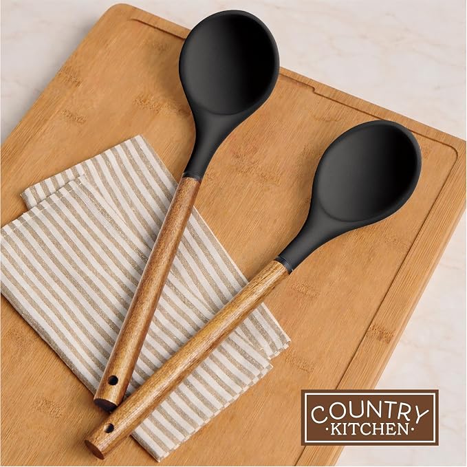 Country Kitchen Non Stick Silicone Utensil Set with Rounded Wood Handles for Cooking and Baking, 8 Piece Set, Black