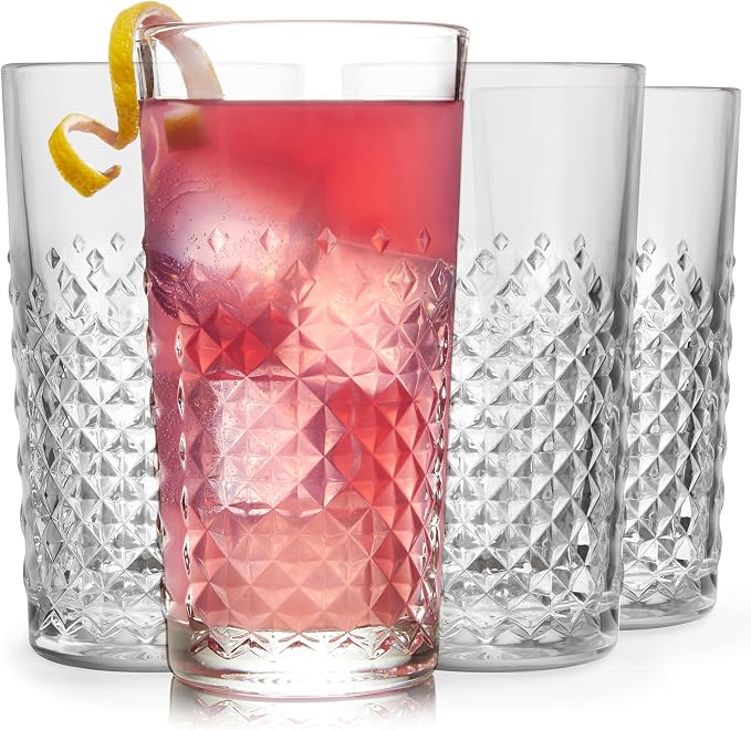 Libbey Carat Tumbler Glasses Set of 4, Faceted 14 oz Drinkware Glasses Set, Dishwasher Safe Tall Drinking Glasses for Cocktails, Soda, and More