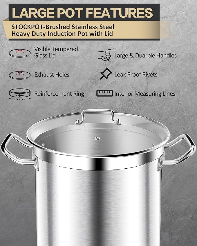 STOCKPOT Stock Pot 20 Quart - Commercial Grade Soup Pot With Lid - Nickel Free Stainless Steel - Polished Stockpots - Heavy Duty Induction Pots