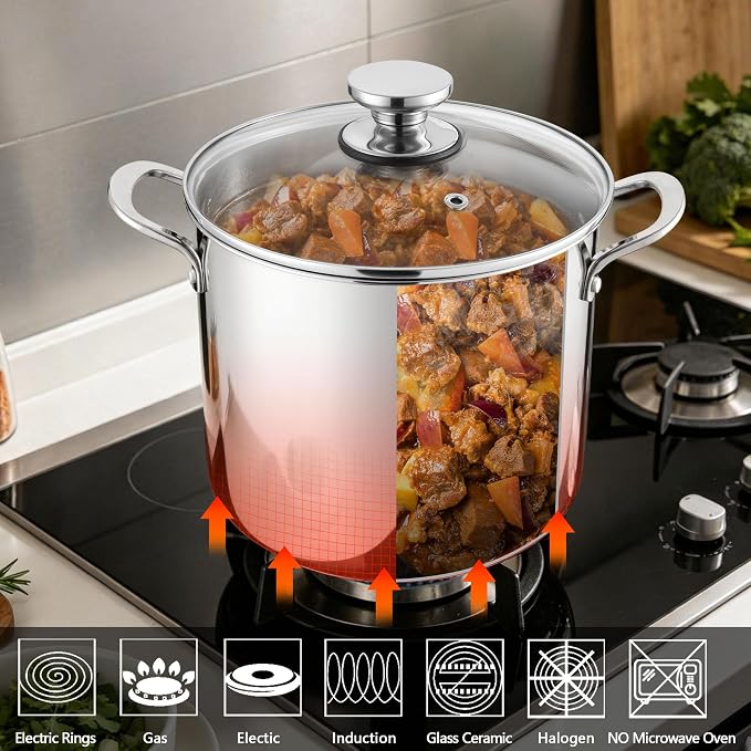 P&P CHEF 8 Quart Stock Pot with Lid, 8 Qt Large Stainless Steel Stockpot | Good for Cooking Pasta Soup, Cookware for Induction Gas Electric Stoves, Visible Lid & Measuring Markings, Dishwasher Safe