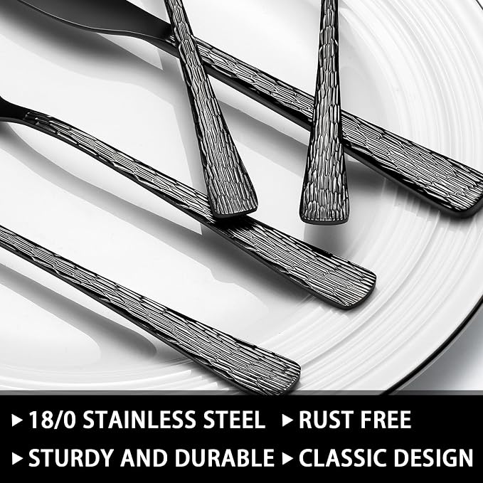 49-Piece Black Silverware Set with Organizer, Food-Grade Stainless Steel Black Flatware for 8, Cutlery Utensil Sets with Steak Knives, Rust-proof, Mirror Polished, Dishwasher Safe, Tree Pattern