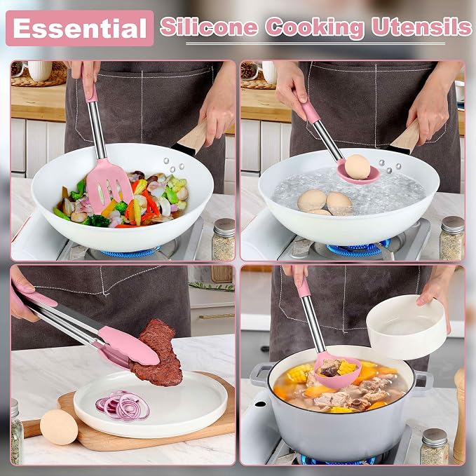 LIANYU Silicone Kitchen Utensils, 6 Pcs Cooking Utensils Spatula Set, Pink | Slotted Turner, Spoon, Soup Ladle, Pasta Server, Skimmer, Tongs for Nonstick Cookware, Heat Resistant, Stainless Steel Handle