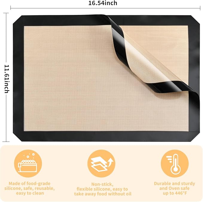 Luckyiren 2-Pack Silicone Baking Mats – Non-Stick Reusable Oven Liners for Half Sheet Pans (16.54" x 11.62"), BPA-Free Silicone, Easy to Clean, for Cookies, Roasted Veggies, Pizza & More | 2 16.54 x 11.62 in silicone mats for baking fit half sheet pans...