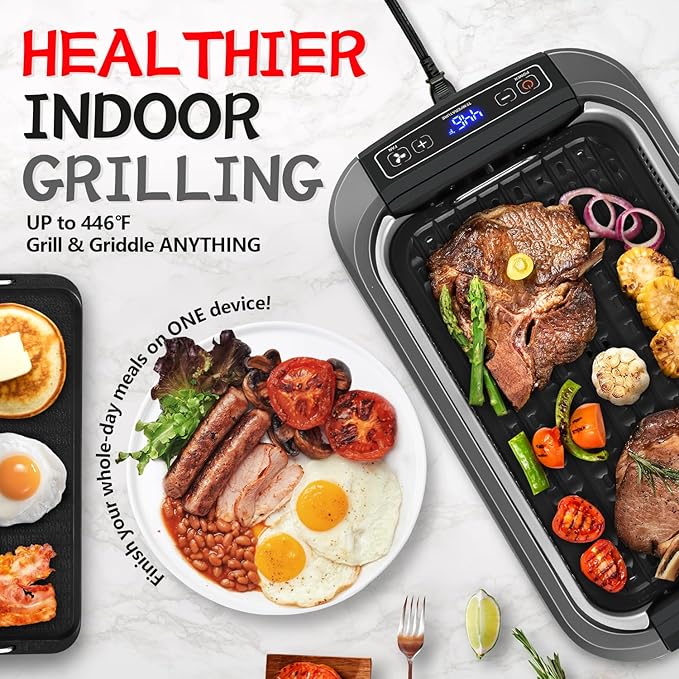 CUSIMAX Smokeless Grill, Electric Indoor Grill 1500W Korean BBQ Grill, Grey | with Non-stick Removable Grill/Griddle Plates, Smart LED Display & Adjustable Temperature/Tempered Glass Lid/Easy Cleanup