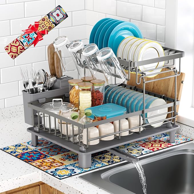 2 Tier Large Detachable Dish Drying Rack for Kitchen Counter, Gray | Compact Dish Drainer Organizer, Rust-Resistant, Space-Saving Dish Rack with Drainboard, Utensil Holder, Kitchen Organizer