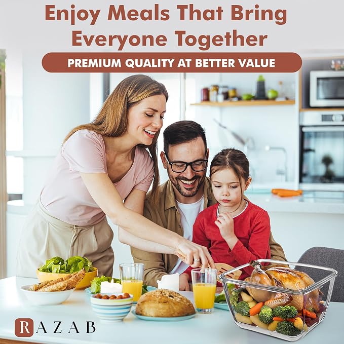 Razab 17 Cups / 132 Oz / 3900ml Large Glass Food Storage Containers with Lids - Leakproof, BPA-Free Large Meal Prep Container Ideal for Roasting Turkey, Store Leftover - Microwave & Oven Safe