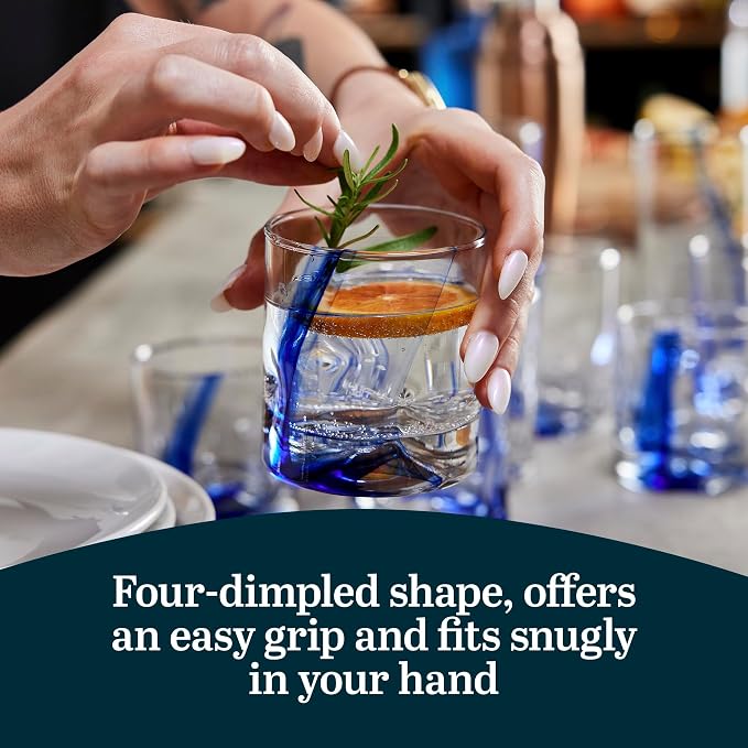 Libbey Blue Ribbon Rock Glasses Set of 8, Artisan Inspired Four-Dimple Shaped Whiskey Glasses Set, Dishwasher Safe Short Drinking Glasses for Families