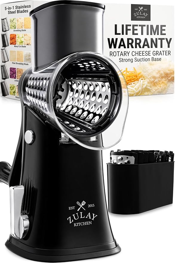 Zulay Kitchen Rotary Cheese Grater 5 Blade Cheese Shredder - Manual Hand Crank Cheese Grater With Reinforced Suction & 5 Interchangeable Drums - Easy to Use, Vegetable Chopper Round Mandoline Slicer