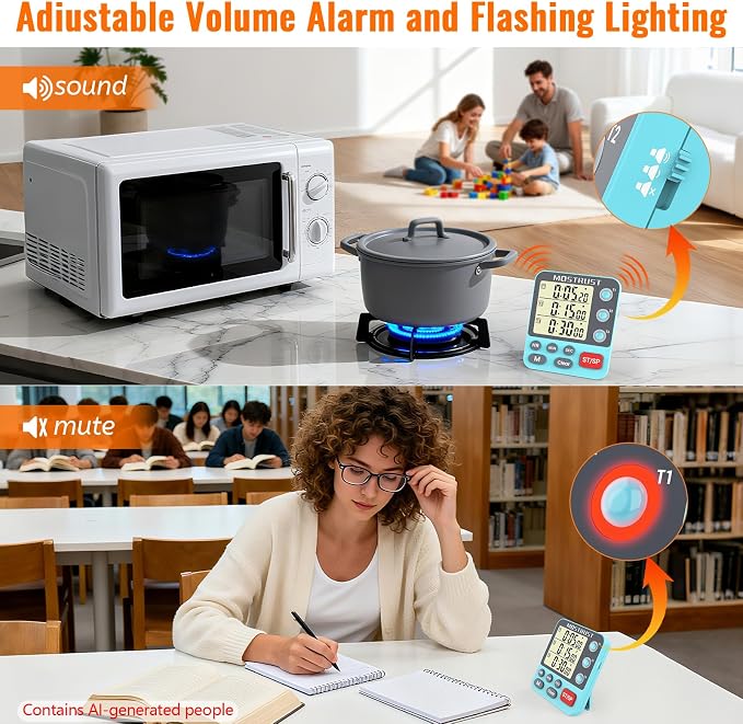 Digital Dual Kitchen Timer, Multiple Channels Countdown Timer | 3-Groups Triple Timer with Magnet-Back Memory-Preset Large Display Adjustable Volume, 3A Battery Included, Ideal for Cooking