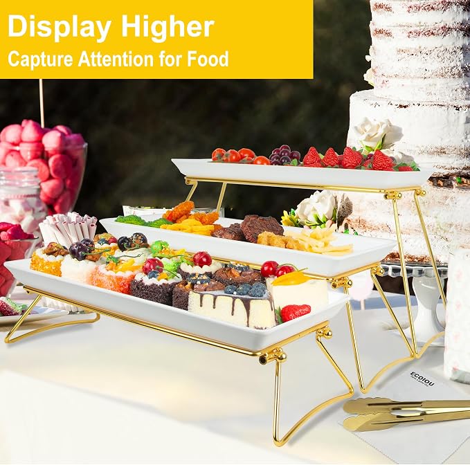 ECOIOU Extra Large 3 Tier Serving Tray, 24 x22 x 9.8 Inch Melamine Tiered Tray Stand and Platters for Party Buffet Entertaining, White and Gold | Melamine Tiered Tray Stand and Platters for Party Buffet Entertaining, White and Gold