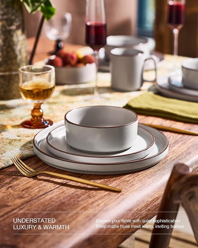 Famiware Nebula Ridge 16-Piece Dinnerware Set with Pasta Bowls, Light Gray | Stoneware Plates and Bowls for 4, Warm Hand-Painted Rims, Microwave and Dishwasher Safe