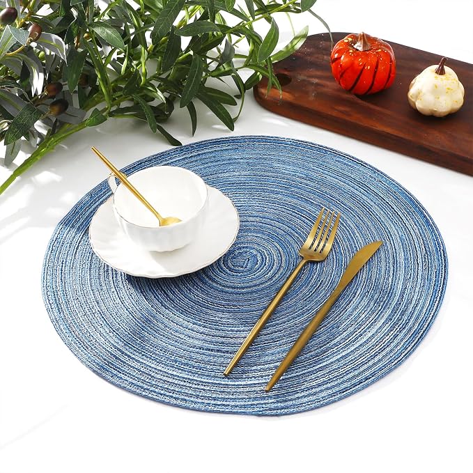 SHACOS Round Braided Placemats Set of 8 Circle Place Mats Cotton Polyester Kitchen Table Mats for Dining Table Wedding Party Decor (Blue Gray, 8)