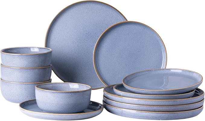 GBHOME Dinnerware Sets for 4, 12 Pieces Ceramic Plates and Bowls Set | Scratch Resistant Stoneware Dishes Set, Dishwasher & Microwave Safe, Reactive Glaze-Vista Blue