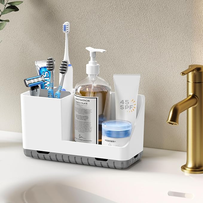 Toothbrush Holders for Bathrooms, Toothbrush and Toothpaste Holder (Grey) | Easy To Clean, Drainage, Non-Slip, Detachable, Kids Electric Toothbrush Organizer for Bathrooms Countertop Organizer