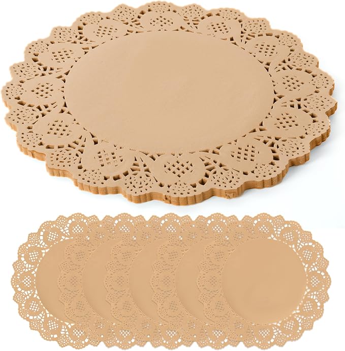 100 Pack 13.5 Inch Round Kraft Paper Doilies, Disposable Lace Placemats | Rustic Brown Scallop Doily Table Pads, Heavy-Duty Paper Place Mats for Cakes, Crafts, Parties, Weddings, Buffet, Home Decor