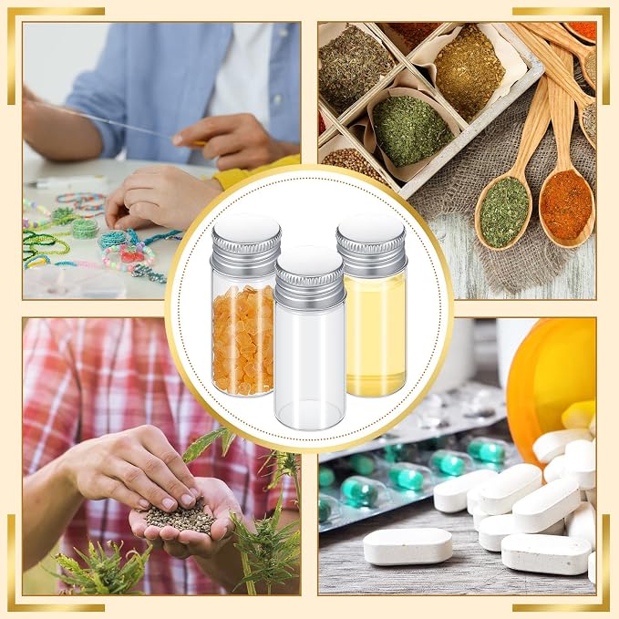Didaey 50 Pcs Small Clear Vials Spice Mini Jars with Lids Mini Glass Bottles with Screw Aluminum Metal Caps Tiny Jars Sample Containers for Powder Cream Cosmetic Jewelry Wedding (10 ml,Silver Caps)