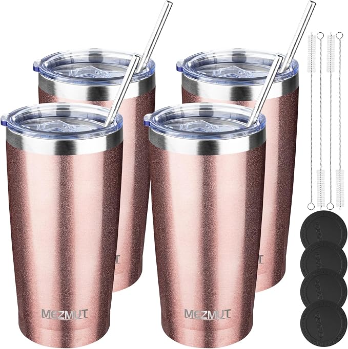 MEZMUT 20oz Insulated Tumbler Travel Coffee Mug with Lid(Rose Gold,4 Pack) | Stainless Steel Double Wall Vacuum Spill Proof Metal Tumbler Bulk with Lid and Straw, Hot or Iced Coffee Cup for Man Women