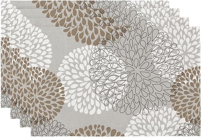 QIYI Boho Table Placemats Set of 4, 12"x18" Linen Place Mats, Brown Bloom | Fabric Place Mats for Kitchen Dinning, Farmhouse Rustic Cloth Table Mats, Washable Placemat Party Table Décor