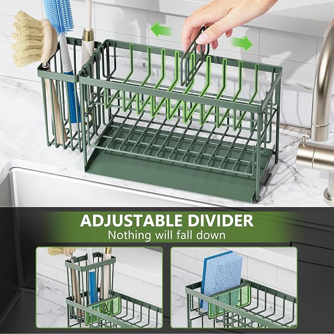 Cisily Sage Green 2-Tier Kitchen Sink Caddy Organzier Rack with Flexible Dish Brush Holder, Sponge Holder for Kitchen Sink Countertop Organization Storage, Home Decor