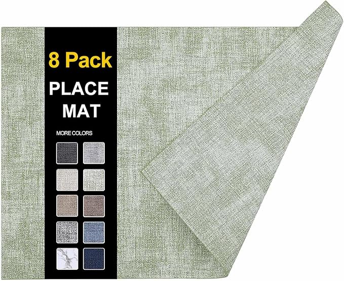 Faux Leather Heat Resistant Placemats 8 Packs, Waterproof Wipeable Dining PU Place Mats for Indoor & Outdoor, Easy to Clean, Light Green
