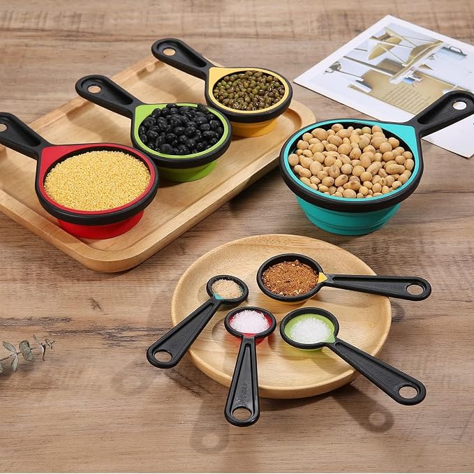 Collapsible Measuring Cups and Spoons Set, 8 Pieces | Adjustable collapsible measuring tools for kitchen & camping