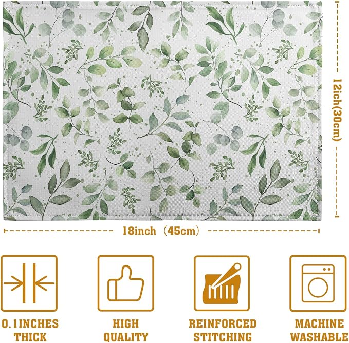 Sage Green Eucalyptus Leaves Placemats Set of 4 Spring Summer Watercolor Leaf Table Mats 12x18 Inch Seasonal Holiday Rustic Farmhouse Linen Fabric Place Mat for Kitchen Dining Decor