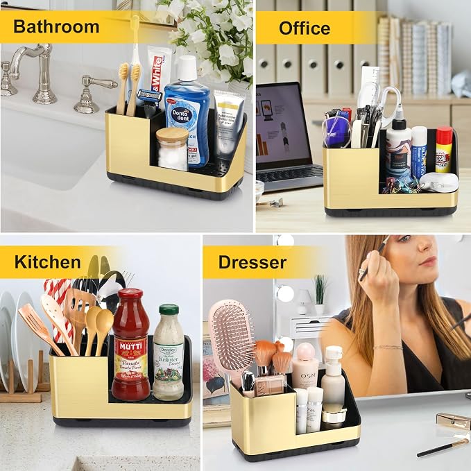 Toothbrush Holders for Bathroom Counter Organizer (Brushed Gold Grain) | Easy To Clean, Drainage, Non-Slip, Detachable, Kids Electric Toothbrush and Toothpaste Holder for Bathroom