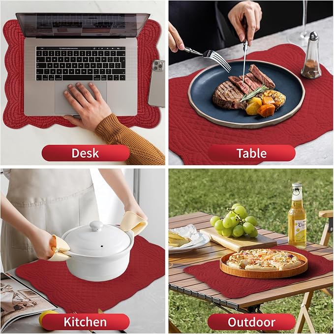 6 PC Quilted Placemats, 18"X13"Extra Large Cotton Placemats Set of 6, 100% Cotton Fabric Washable Cloth Table Mats for Kitchen & Dining Table - Soft &Easy Clean(Red, Rectangular)