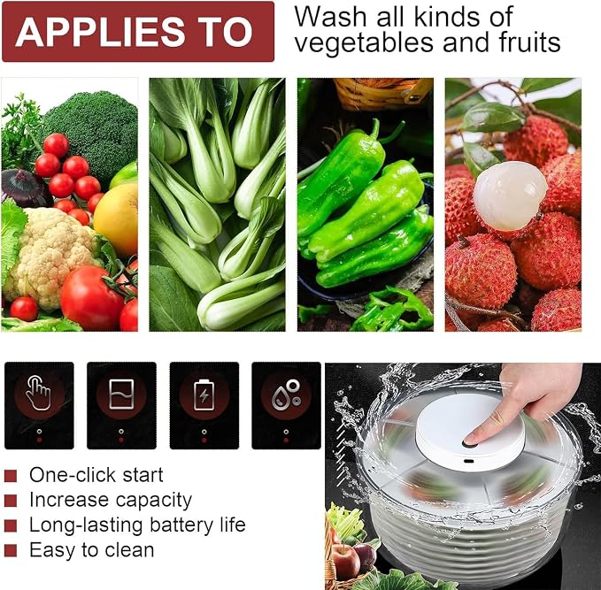 Electric Salad Spinner, 6L Lettuce spinner,Large Salad Vegetable Dryer | Fruit Salad Washer spinner dryer for Home Kitchen Washing & Drying Leafy Vegetables