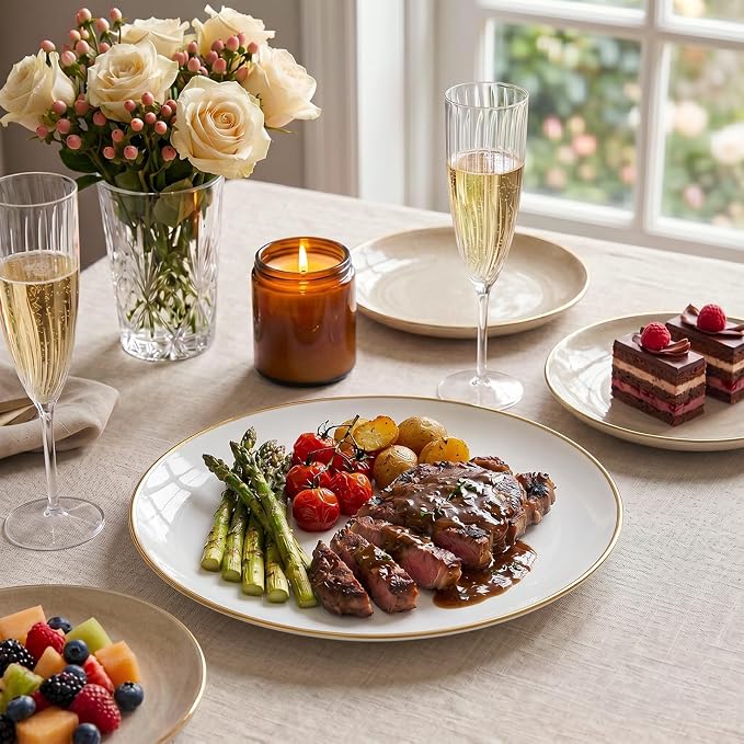 6Pcs Gold Plastic Serving Trays - 12 Inch White and Gold Oval Disposable Plates - Heavy Duty White Plastic Serving Platters for Wedding/Birthday/Dinner Party/BBQ/Holiday Gatherings