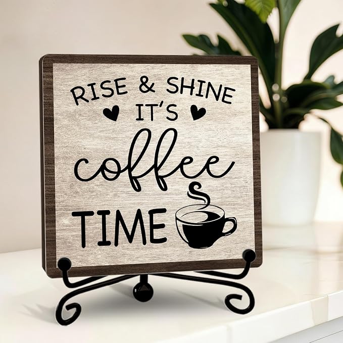 Farmhouse Coffee Bar Decor, 5"x5" Coffee Bar Sign | Rise & Shine It's Coffee Time Wood Plaque with Stand | Minimalism Gift for Home Kitchen Tabletop Desk - A10