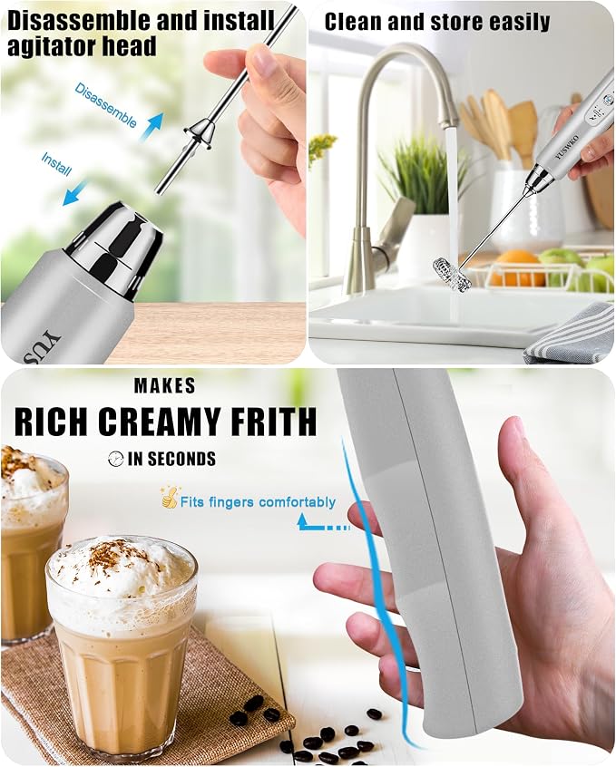 YUSWKO Handheld Milk Frother Wand for Coffee, Rechargeable Electric Whisk with 3 Heads 3 Speeds Drink Mixer Coffee Frother For Latte, Cappuccino, Hot Chocolate, Egg, Silver with Bag