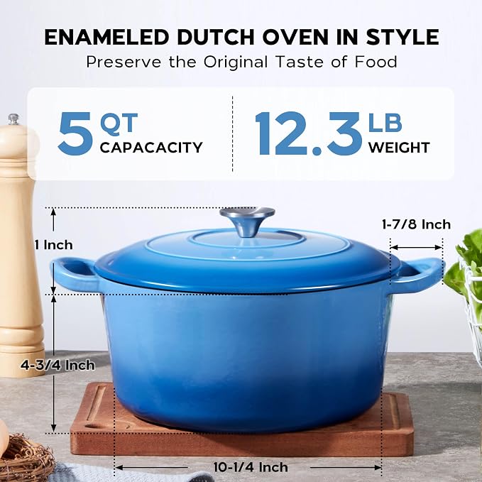 Onader Enameled Cast Iron Dutch Oven Pot with Lid, 5 Quart Round Dutch Oven for Bread Baking, Heavy Duty & Non Toxic - Blue