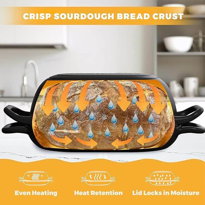 12 x 8 Inch 5QT Oval Dutch Oven for Bread Baking, Cast Iron | Bread Oven with Lid for Sourdough Baking, Dutch Oven Bread Loaf Pan Creates Crispy Crust for Artisan Homemade Bread