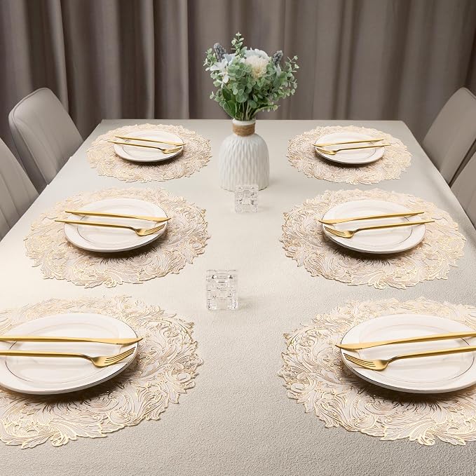 Evevda Gold Placemats Set of 6 Hollow Out Vinyl Dinner Table Mats | Non Slip Washable Place Mats for Dining Tables Kitchen Wedding Party Restaurant Decor