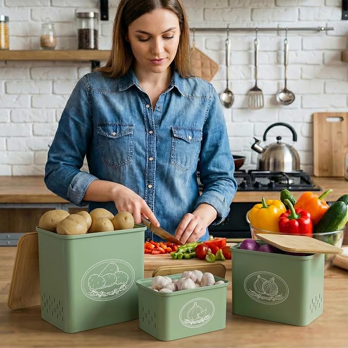 Lifewit Plastic Potato and Onion Storage Bin Box, Set of 3, Green | Stackable Garlic Keeper, Vegetable Container Box, Aerating Holes & Lid for Pantry Countertop