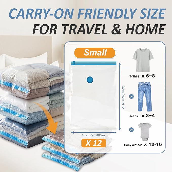 Cozy Essential Vacuum Storage Bags, 80% Compression Vacuum Seal Space Saver Plastic Packaging Bags for Clothes, Blankets, Pillow, Bedding, Comforters, Sealer Clothing Storage,12 Small
