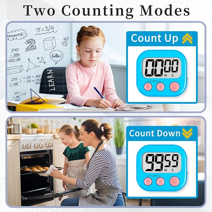 ZILLEEN Digital Kitchen Classroom Timers for Kids Cooking 6pcs Blu Pk Pur | Strong Magnetic, Large Screen, Big Button, Count Up/Down, Loud Alarm, Teacher Classroom Must Haves Supplies