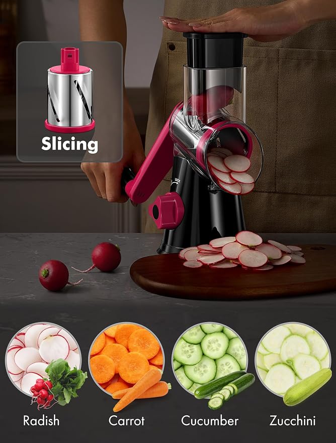 GDL Cheese Grater Hand Crank, Rotary Cheese shredder, Vegetable Slicer | 3 Stainless Steel Blades, 12x Fast Cutting, Non-slip Suction Base, No BPA, Dishwasher Safe, Easy Use for Cheese, Veggies, Nut