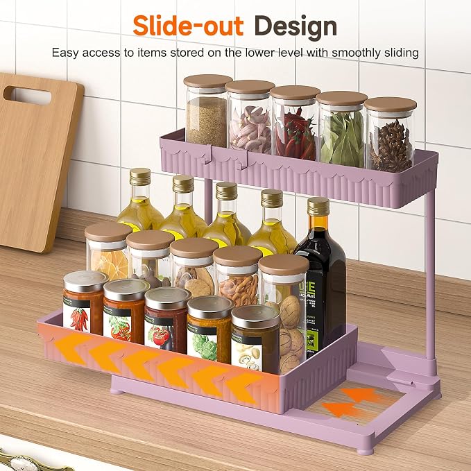 3-Pack 2-Tier L-Shaped Under Sink Organizers with Sliding Drawers | Multi-use kitchen & bathroom storage, 12.85 inch pink cabinet organizer, space-saving sliding drawer design.