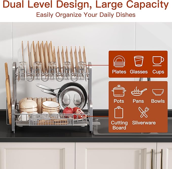 2 Tier Large Stainless Steel Dish Drying Rack for Kitchen Counter | Big Dish Drainer with Drainboard, Cup & Utensil Holder, Space Saving Rustproof Countertop Metal Plate Dryer Rack, Fast Drain