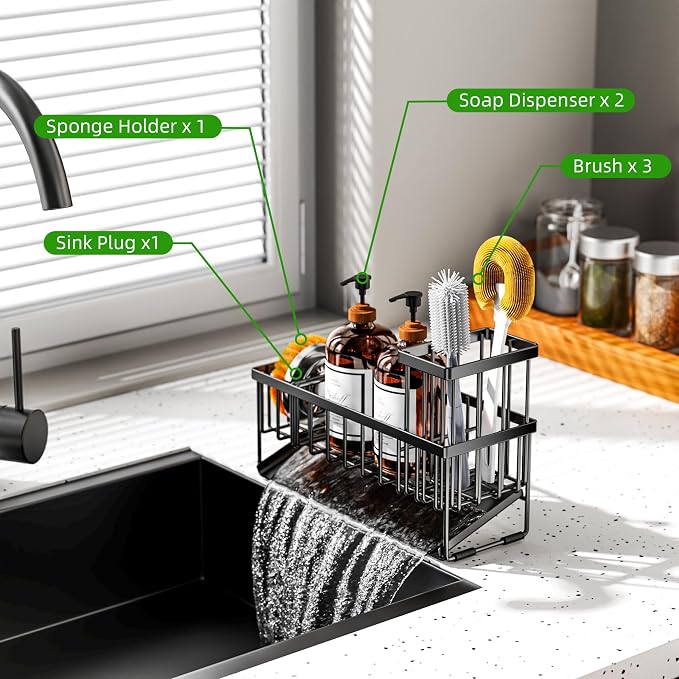 Cisily Extra Large Kitchen Sink Caddy Organzier with High Brush Holder, Sponge Holder for Sink, 304 Rustproof Stainless, Kitchen Countertop Soap Dispenser Organizer For Decor and Accessories